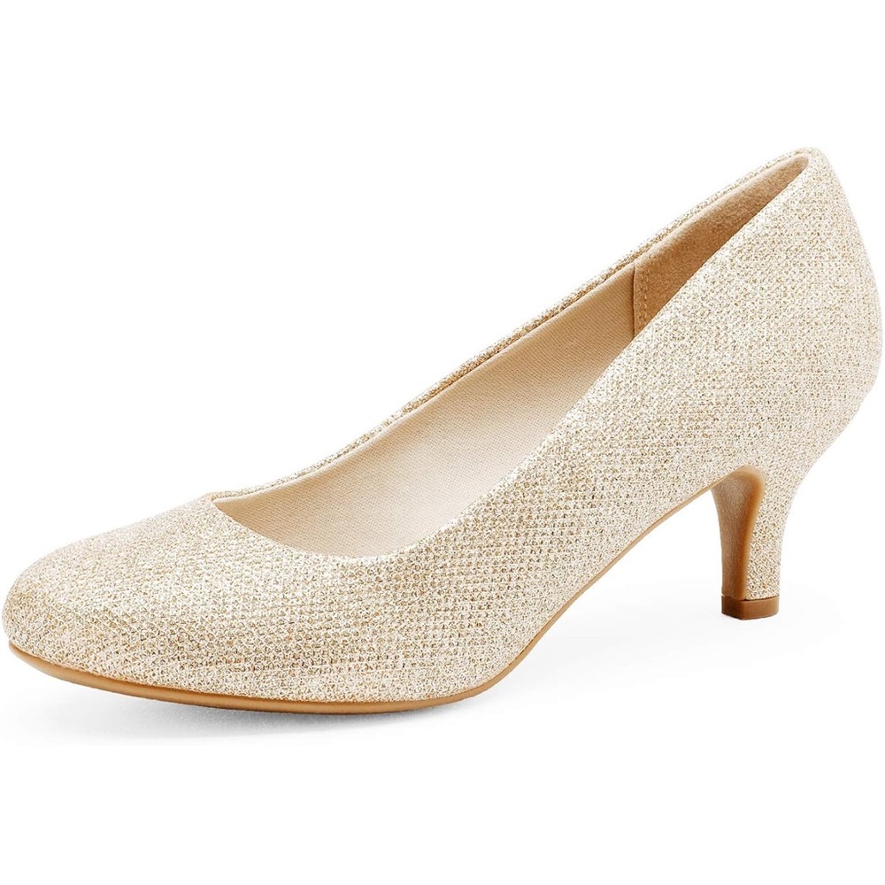 Dream Pairs Gold Glitter Round Toe Low Heel Pumps